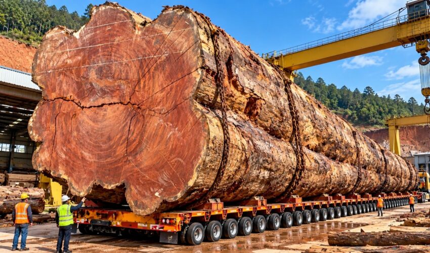 AMAZING HEAVY MACHINERY! 100-TON CRANE LIFTS A 3,000-YEAR-OLD GIANT LOG INTO A MASSIVE SAWMILL!
