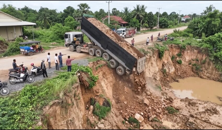 EXTREME HEAVY EQUIPMENT WORKING: DUMP TRUCK SOIL DUMPING WITH BIG BULLDOZER SHANTUI DH-17C2!