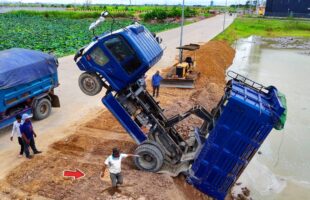 O.M.G! HEAVY MACHINERY NEW LAND FILL ACTION! DUMP TRUCK BACK UPLOADING STUCK, BULLDOZER PUSHING SOIL!